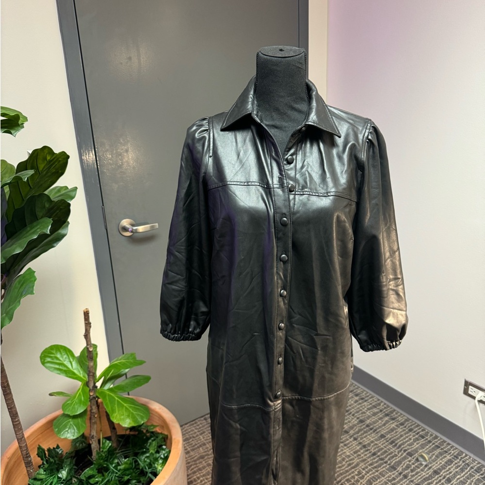 Black Faux Leather Button-Up Dress
